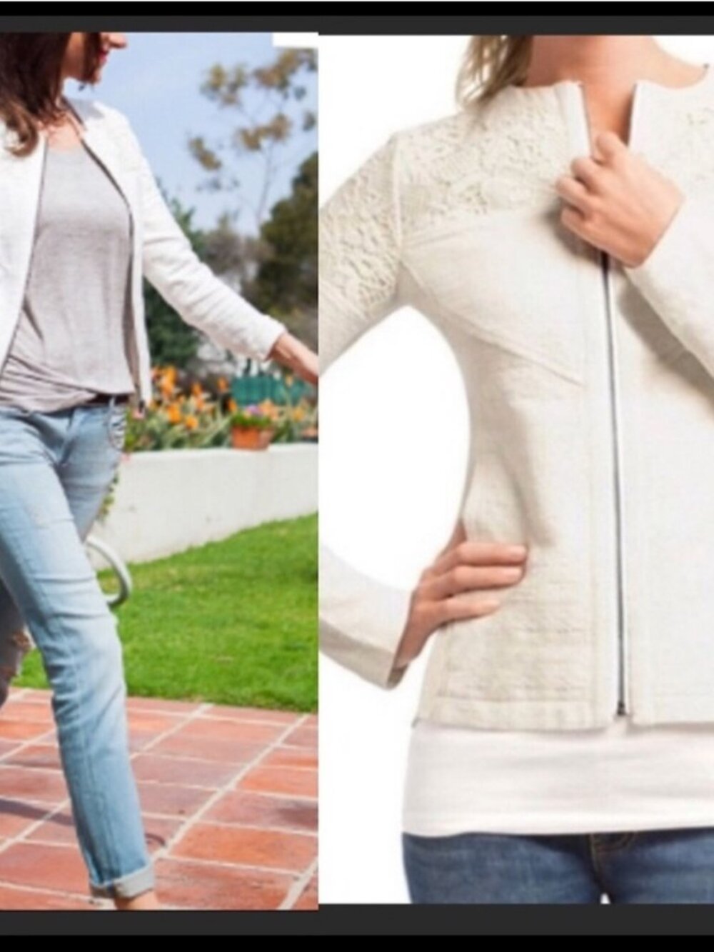 CAbi Cream Lace-Overlay Trim Zip Front Blazer Moto Jacket Medium - Picture 4 of 13